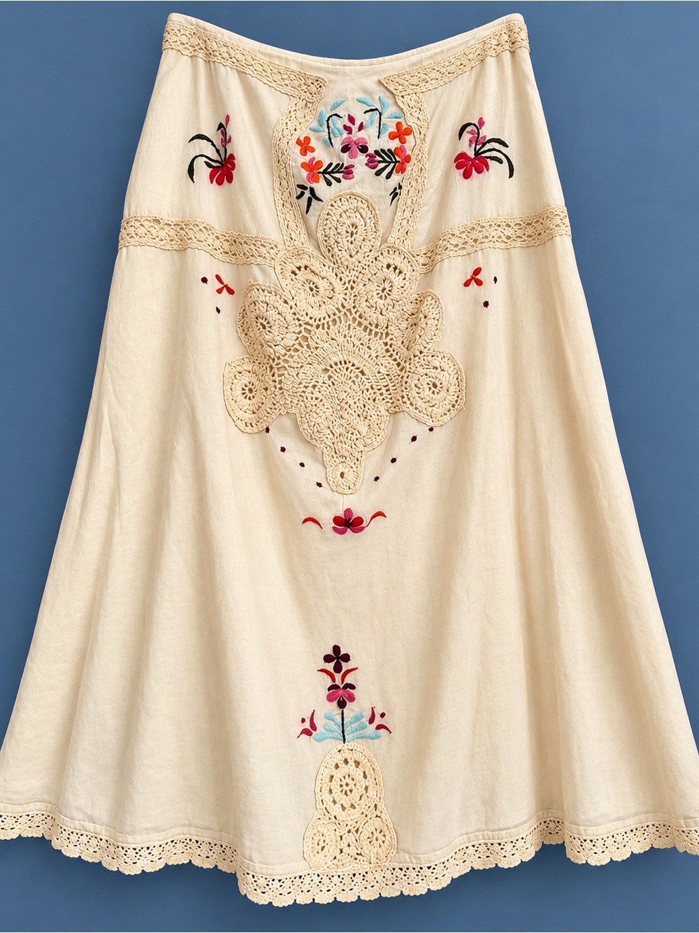 Vintage Free People Stunning Cream Embroidered Crochet A-Line Midi Skirt Size 6